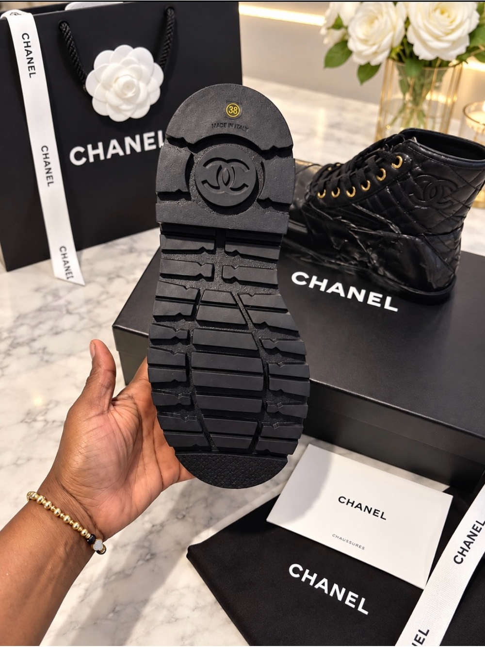 CHANEL Black Leather Lace-Up Combat Boots with Gold-Tone Eyelets - Picture 3 of 6